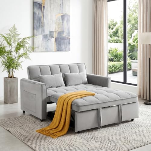 3 in 1 Convertible Sleeper Sofa Bed, 54'' Full Size Velvet Pull Out Futon Couch Recliner with Reclining Backrest & 2 Pillows, Small Loveseat Lounge Couches for Small Spaces (Black)