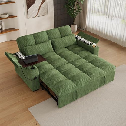 KEIKI 65" 3-in-1 Pull-Out Sofa Bed, Compact Convertible Sleeper Couch with Rotating Side Table, USB Charging Ports, Storage Armrests & Adjustable Comfort for Guests & Small Living Rooms