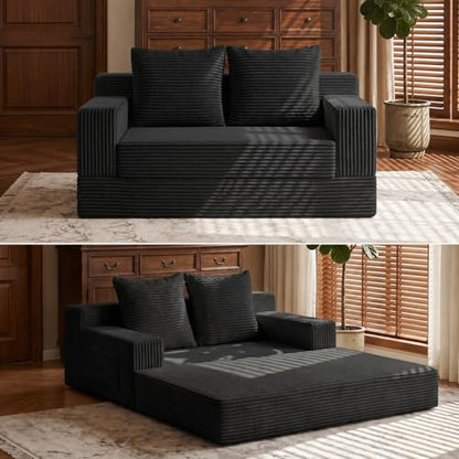 2 in 1 Convertible Boneless Couch Bed, Corduroy futon Sofa Bed, Compression Folding Floor Couch Sofas Bed with 3 Pillows for Bedroom, Small Space Guest and Living Room Sofa (Black, 78 Inches)