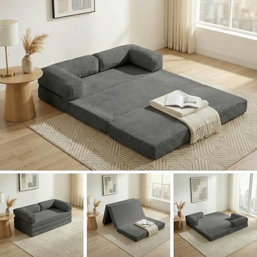 Convertible Sofa Bed Queen,5-in-1 Tri-Fold Boneless Couch with Removable Armrests & Handle,Corduroy Futon Sleeper Sofa,Floor Folding Mattress Pull Out Bed for Small Space Living Room Bedroom,Black