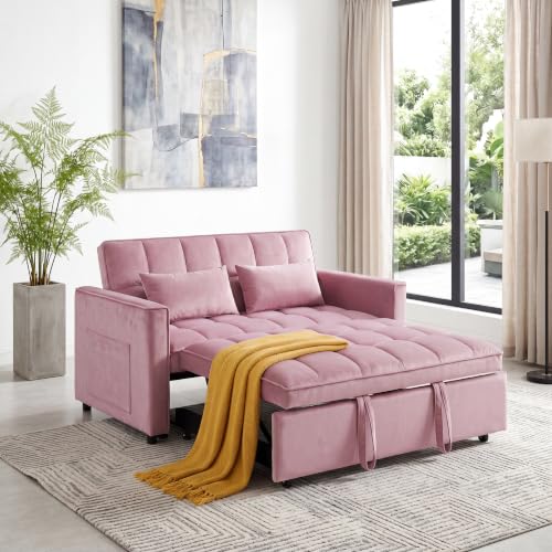 3 in 1 Convertible Sleeper Sofa Bed, 54'' Full Size Velvet Pull Out Futon Couch Recliner with Reclining Backrest & 2 Pillows, Small Loveseat Lounge Couches for Small Spaces (Black)