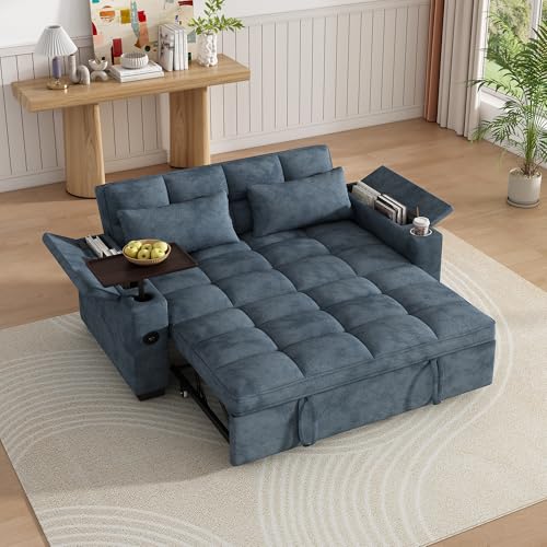 KEIKI 65" 3-in-1 Pull-Out Sofa Bed, Compact Convertible Sleeper Couch with Rotating Side Table, USB Charging Ports, Storage Armrests & Adjustable Comfort for Guests & Small Living Rooms