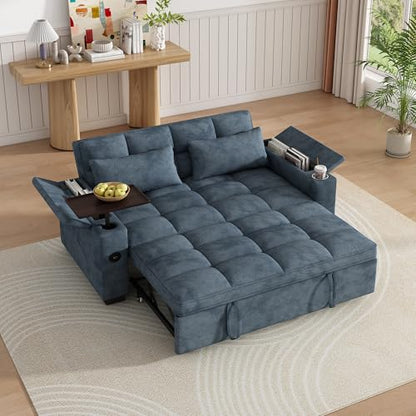 KEIKI 65" 3-in-1 Pull-Out Sofa Bed, Compact Convertible Sleeper Couch with Rotating Side Table, USB Charging Ports, Storage Armrests & Adjustable Comfort for Guests & Small Living Rooms