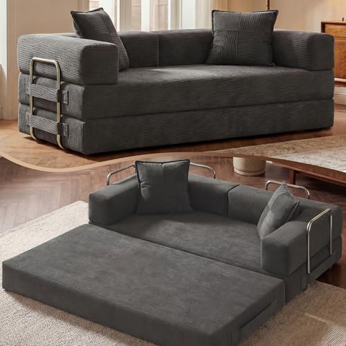 GRUSIGN 78" 5-in-1 Convertible Futon Sofa Bed, Boneless Corduroy, Gray
