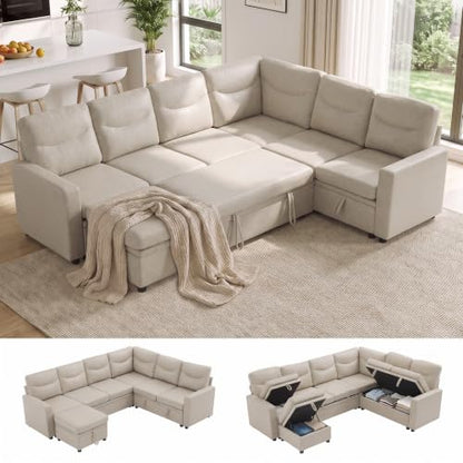 81" Sectional Sleeper Sofa Bed, 5 Seat Pull Out Couch with Storage Beige