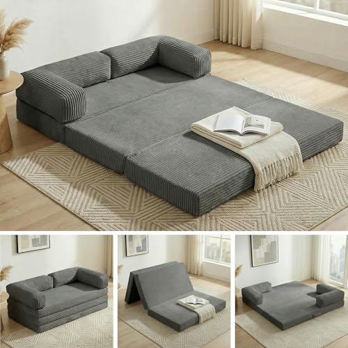 Convertible Sofa Bed Queen,5-in-1 Tri-Fold Boneless Couch with Removable Armrests & Handle,Corduroy Futon Sleeper Sofa,Floor Folding Mattress Pull Out Bed for Small Space Living Room Bedroom,Black