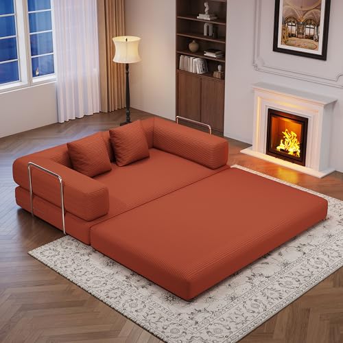 BSHOMGI 4 in 1 Convertible Sofas Boneless Couches, Modern Corduroy Futon Bed, Modular Sofa with Pull-Out Bed, LoveSeat for Living Room, Small Space Apartment (Beige, 53.15" Double Sofa)