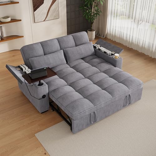 KEIKI 65" 3-in-1 Pull-Out Sofa Bed, Compact Convertible Sleeper Couch with Rotating Side Table, USB Charging Ports, Storage Armrests & Adjustable Comfort for Guests & Small Living Rooms