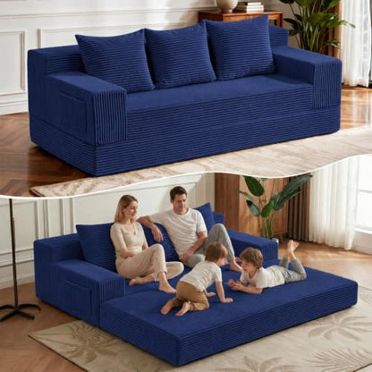 2 in 1 Convertible Boneless Couch Bed, Corduroy futon Sofa Bed, Compression Folding Floor Couch Sofas Bed with 3 Pillows for Bedroom, Small Space Guest and Living Room Sofa (Black, 78 Inches)