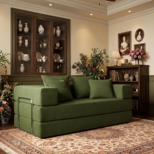 Convertible Futon Sofa Bed - Boneless Couch for Living Room with High Backrest - Futon Sleeper Sofa with Reinforced Anti-Wobble Support Frame - Modular Pull Out Couch No Assembly,Forest Green