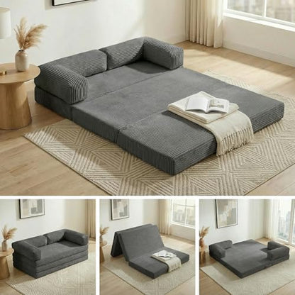Convertible Sofa Bed Queen,5-in-1 Tri-Fold Boneless Couch with Removable Armrests & Handle,Corduroy Futon Sleeper Sofa,Floor Folding Mattress Pull Out Bed for Small Space Living Room Bedroom,Black
