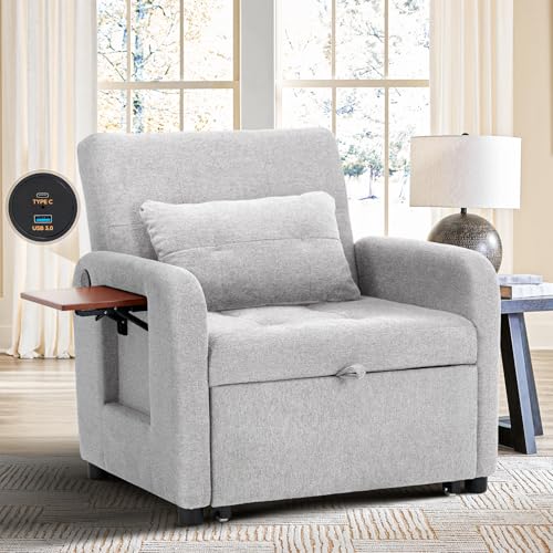 Convertible Sleeper Chair-Fabric Futon Sofa Bed, Single Sleeper Sofa, Small Couch Bed with USB Port, Foldable Table, Pillow, Adjustable Backrest for Dorm/Bedroom/College Darkgrey