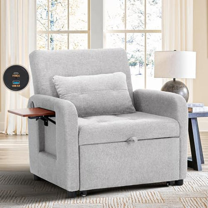 Convertible Sleeper Chair-Fabric Futon Sofa Bed, Single Sleeper Sofa, Small Couch Bed with USB Port, Foldable Table, Pillow, Adjustable Backrest for Dorm/Bedroom/College Darkgrey
