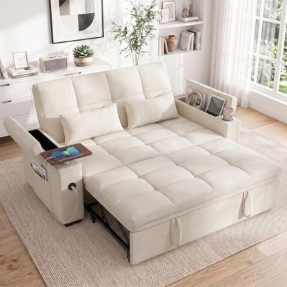 Dreamzie 65'' Convertible Sleeper Sofa Bed with Swivel Side Table, Chenille Pull Out Couch for Living Room, Loveseat Sleeper Couch with Hidden Storage Space | Charging Port | Cup Holders, Grey