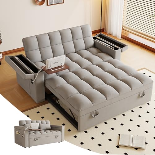 3-in-1 Convertible Pull Out Sofa Bed, 65" Loveseat Sleeper Sofas with Pullout Couch Bed with Adjustable Backrest, Side Table & Storage Armsfor Living Room