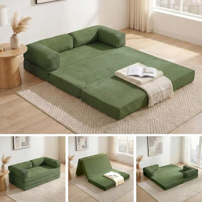 Convertible Sofa Bed Queen,5-in-1 Tri-Fold Boneless Couch with Removable Armrests & Handle,Corduroy Futon Sleeper Sofa,Floor Folding Mattress Pull Out Bed for Small Space Living Room Bedroom,Black