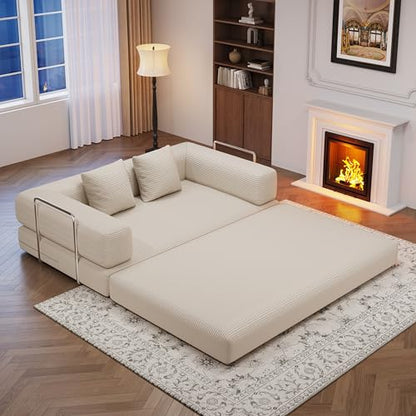 BSHOMGI 4 in 1 Convertible Sofas Boneless Couches, Modern Corduroy Futon Bed, Modular Sofa with Pull-Out Bed, LoveSeat for Living Room, Small Space Apartment (Beige, 53.15" Double Sofa)