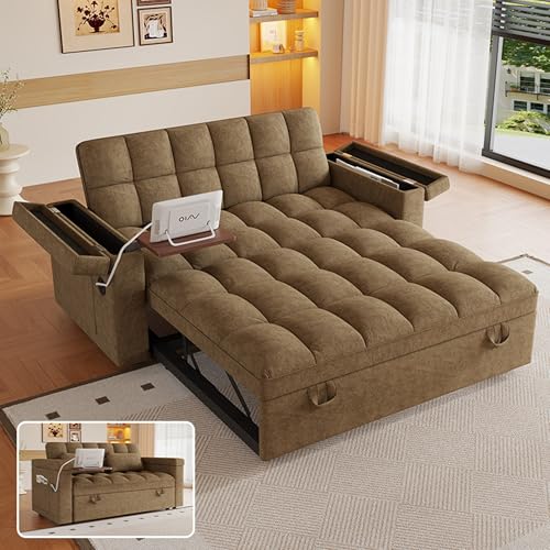 3-in-1 Convertible Pull Out Sofa Bed, 65" Loveseat Sleeper Sofas with Pullout Couch Bed with Adjustable Backrest, Side Table & Storage Armsfor Living Room