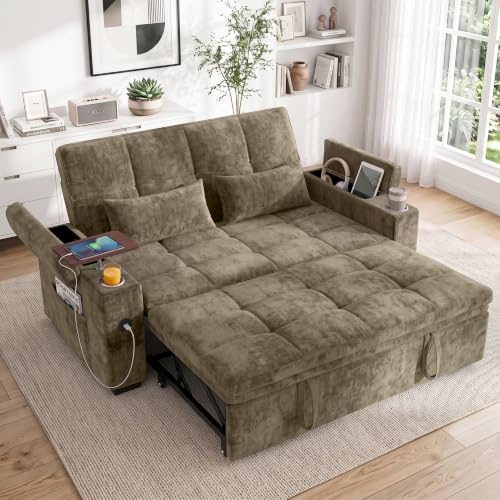 Dreamzie 65'' Convertible Sleeper Sofa Bed with Swivel Side Table, Chenille Pull Out Couch for Living Room, Loveseat Sleeper Couch with Hidden Storage Space | Charging Port | Cup Holders, Grey