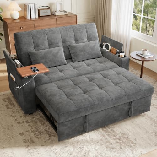 86” Extended Convertible Sofa Bed, Loveseat Sleep Sofa with USB Ports, Pull Out Couch with 6-Position Adjustable Backrest, Corduroy Couch Bed with Side Pockets for Living Room, Dark Grey