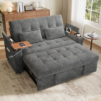 86” Extended Convertible Sofa Bed, Loveseat Sleep Sofa with USB Ports, Pull Out Couch with 6-Position Adjustable Backrest, Corduroy Couch Bed with Side Pockets for Living Room, Dark Grey