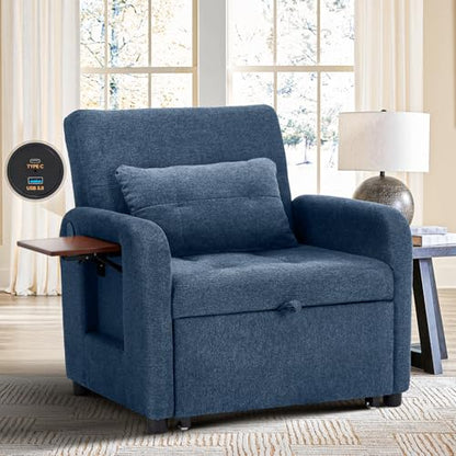 Convertible Sleeper Chair-Fabric Futon Sofa Bed, Single Sleeper Sofa, Small Couch Bed with USB Port, Foldable Table, Pillow, Adjustable Backrest for Dorm/Bedroom/College Darkgrey