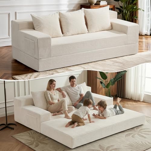 2 in 1 Convertible Boneless Couch Bed, Corduroy futon Sofa Bed, Compression Folding Floor Couch Sofas Bed with 3 Pillows for Bedroom, Small Space Guest and Living Room Sofa (Black, 78 Inches)