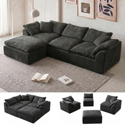 110" Boneless Cloud Couch Sectional for Living Room, Oversized Modular L Shaped Sofa with Ottoman, Deep Seat Chenille Sectional Couch for Cloud-Like Comfort (Pearl White)