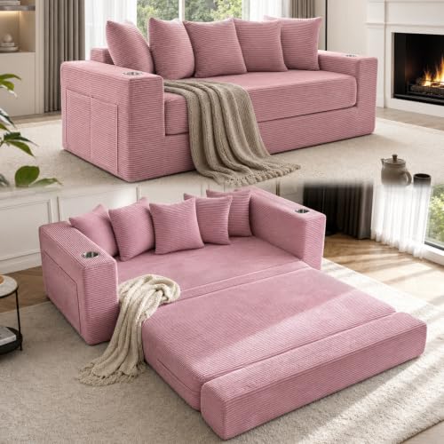 76" Convertible Sofa Bed, Corduroy Boneless Couch with Cup Holders & Pocket
