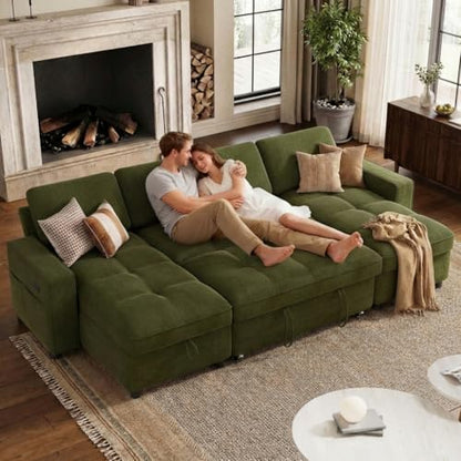 WEUP 81" Modular Sectional Sleeper Sofa Bed, Chenille L-Shaped Couch Bed with Adjustable Backrest, Pull Out Couch with Reversible Chaise Storage, USB Charging & Tool-Free Assembly, Beige