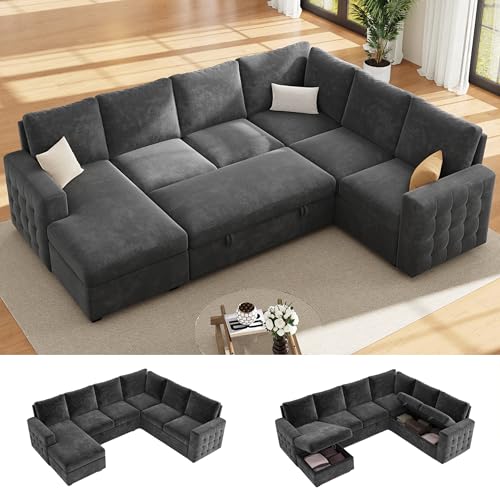 104" Sectional Sleeper Sofa Bed, 7 Seat Pull Out Couch with Storage, Gray
