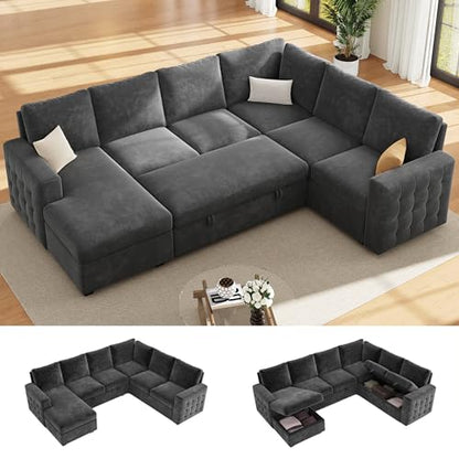104" Sectional Sleeper Sofa Bed, 7 Seat Pull Out Couch with Storage, Gray