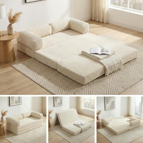 Convertible Sofa Bed Queen,5-in-1 Tri-Fold Boneless Couch with Removable Armrests & Handle,Corduroy Futon Sleeper Sofa,Floor Folding Mattress Pull Out Bed for Small Space Living Room Bedroom,Black
