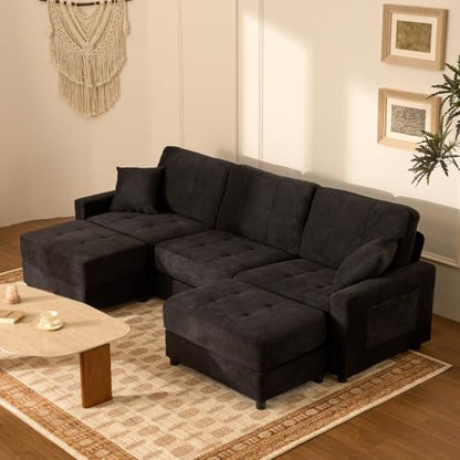 112" U Shaped Modular Cloud Sectional Couch, Waffle Fabric, Oatmeal Beige