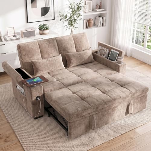 Dreamzie 65'' Convertible Sleeper Sofa Bed with Swivel Side Table, Chenille Pull Out Couch for Living Room, Loveseat Sleeper Couch with Hidden Storage Space | Charging Port | Cup Holders, Grey