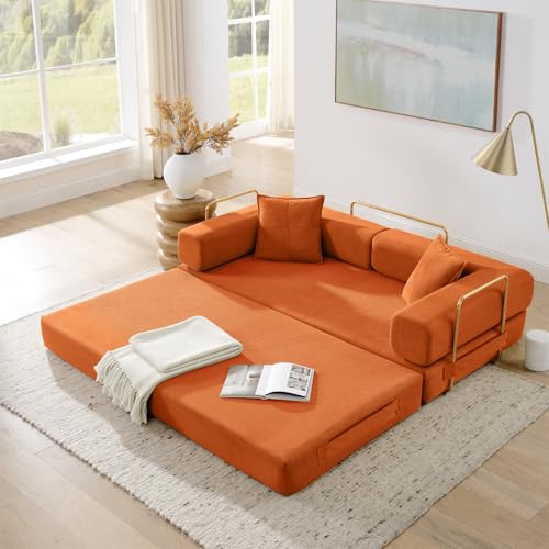 4-in-1 Folding Convertible Sofa Bed, 78 Inch Boneless Couch with Fixed-Shape Frame, Corduroy Loveseat Sleeper with Pull Out Bed, Floor Sofa Modular Futon Couch for Living Room Bedroom Lounge (Beige)