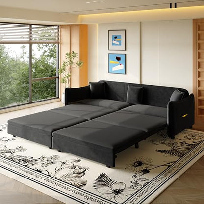 KEIKI 73.2" Queen Convertible Sofa Bed, 3-in-1 Pull-Out Futon Couch with Chaise Lounge Comfort, Soft Velvet Cloud Loveseat for Home Theater, Gaming Lounge, Entertainment Room & Living Space Seating