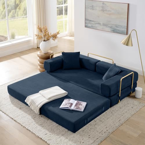 4-in-1 Folding Convertible Sofa Bed, 78 Inch Boneless Couch with Fixed-Shape Frame, Corduroy Loveseat Sleeper with Pull Out Bed, Floor Sofa Modular Futon Couch for Living Room Bedroom Lounge (Beige)