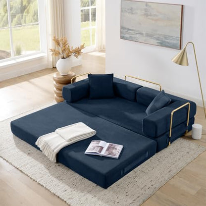 4-in-1 Folding Convertible Sofa Bed, 78 Inch Boneless Couch with Fixed-Shape Frame, Corduroy Loveseat Sleeper with Pull Out Bed, Floor Sofa Modular Futon Couch for Living Room Bedroom Lounge (Beige)