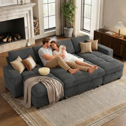 WEUP 81" Modular Sectional Sleeper Sofa Bed, Chenille L-Shaped Couch Bed with Adjustable Backrest, Pull Out Couch with Reversible Chaise Storage, USB Charging & Tool-Free Assembly, Beige