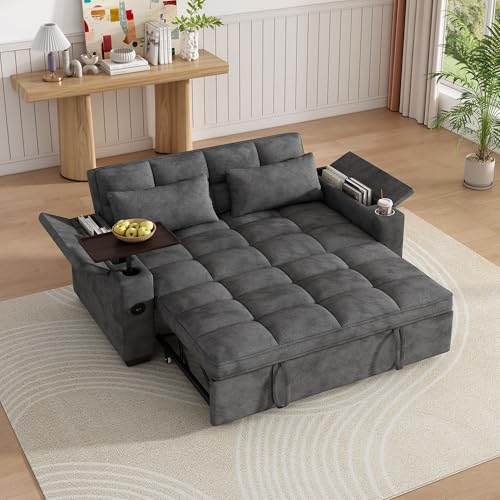 KEIKI 65" 3-in-1 Pull-Out Sofa Bed, Compact Convertible Sleeper Couch with Rotating Side Table, USB Charging Ports, Storage Armrests & Adjustable Comfort for Guests & Small Living Rooms