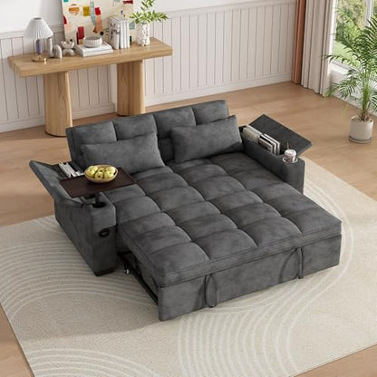 KEIKI 65" 3-in-1 Pull-Out Sofa Bed, Compact Convertible Sleeper Couch with Rotating Side Table, USB Charging Ports, Storage Armrests & Adjustable Comfort for Guests & Small Living Rooms