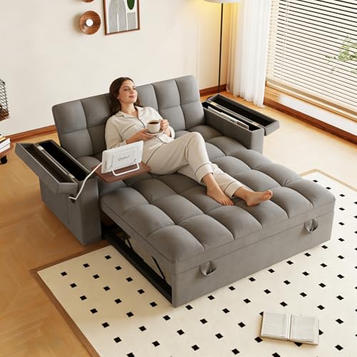 KEIKI 65" 3-in-1 Pull-Out Sofa Bed, Compact Convertible Sleeper Couch with Rotating Side Table, USB Charging Ports, Storage Armrests & Adjustable Comfort for Guests & Small Living Rooms