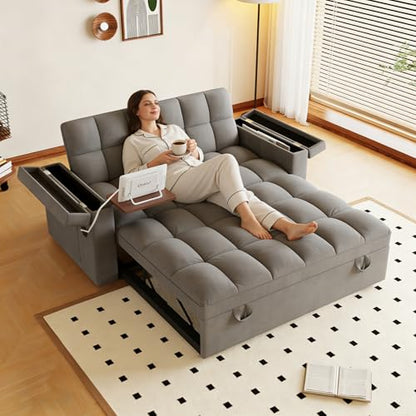 KEIKI 65" 3-in-1 Pull-Out Sofa Bed, Compact Convertible Sleeper Couch with Rotating Side Table, USB Charging Ports, Storage Armrests & Adjustable Comfort for Guests & Small Living Rooms