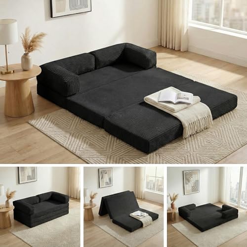 Convertible Sofa Bed Queen,5-in-1 Tri-Fold Boneless Couch with Removable Armrests & Handle,Corduroy Futon Sleeper Sofa,Floor Folding Mattress Pull Out Bed for Small Space Living Room Bedroom,Black