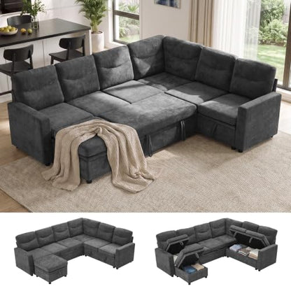 81" Sectional Sleeper Sofa Bed, 5 Seat Pull Out Couch with Storage Beige