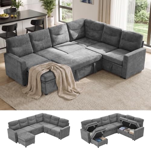 81" Sectional Sleeper Sofa Bed, 5 Seat Pull Out Couch with Storage Beige