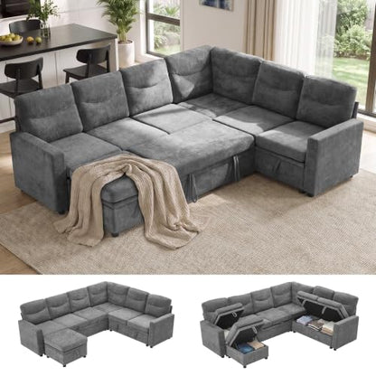 81" Sectional Sleeper Sofa Bed, 5 Seat Pull Out Couch with Storage Beige