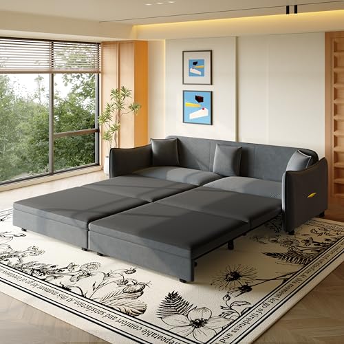 KEIKI 73.2" Queen Convertible Sofa Bed, 3-in-1 Pull-Out Futon Couch with Chaise Lounge Comfort, Soft Velvet Cloud Loveseat for Home Theater, Gaming Lounge, Entertainment Room & Living Space Seating