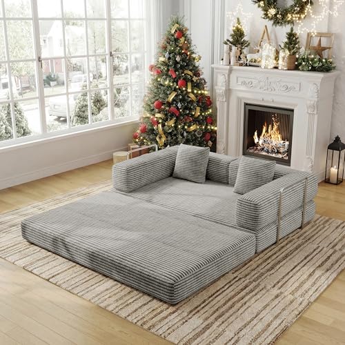 BSHOMGI 4 in 1 Convertible Sofas Boneless Couches, Modern Corduroy Futon Bed, Modular Sofa with Pull-Out Bed, LoveSeat for Living Room, Small Space Apartment (Beige, 53.15" Double Sofa)
